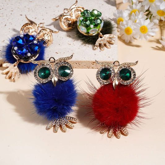 Owl Shape Green Crystal Eyes, Gold Alloy & Large Fluffy Pom Pom Charms with Heart & Egg-Shaped Rhinestones, White Pearl Clay Beads, Assorted Colors, Random Mix