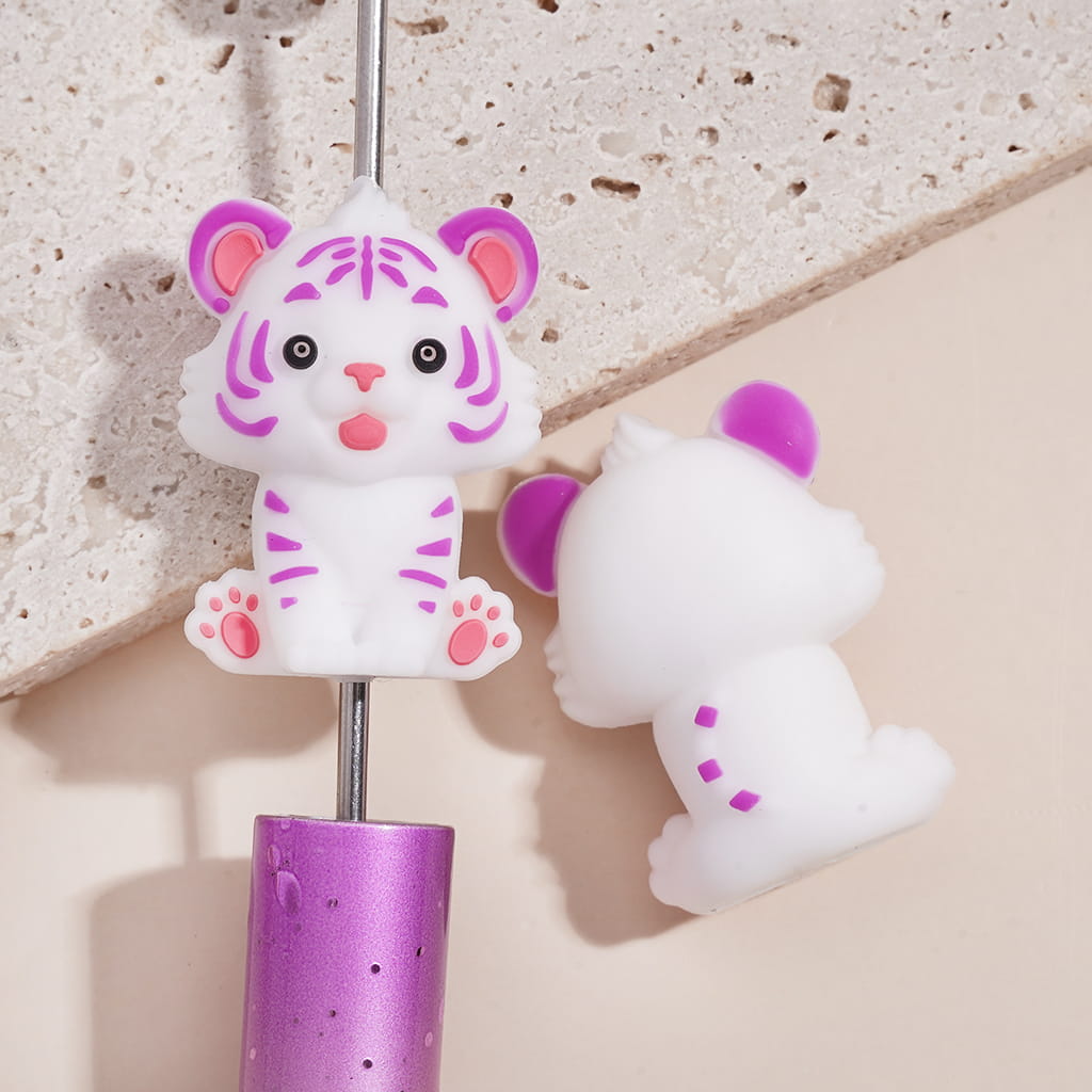 3D Cute White Tiger with Purple & Black Stripes Silicone Focal Beads Random Mix