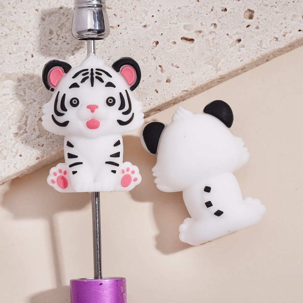 3D Cute White Tiger with Purple & Black Stripes Silicone Focal Beads Random Mix