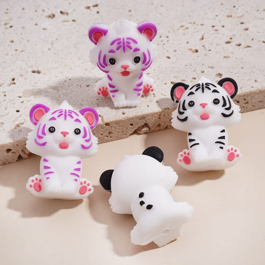 3D Cute White Tiger with Purple & Black Stripes Silicone Focal Beads Random Mix