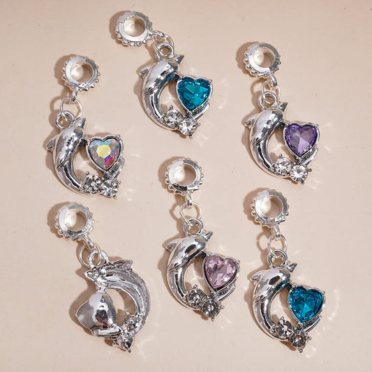 Silver Alloy Dolphin Charm Pendants with Heart & Round Clear Rhinestones Bail Ring Beads Jewelry Accessories, Random Mix
