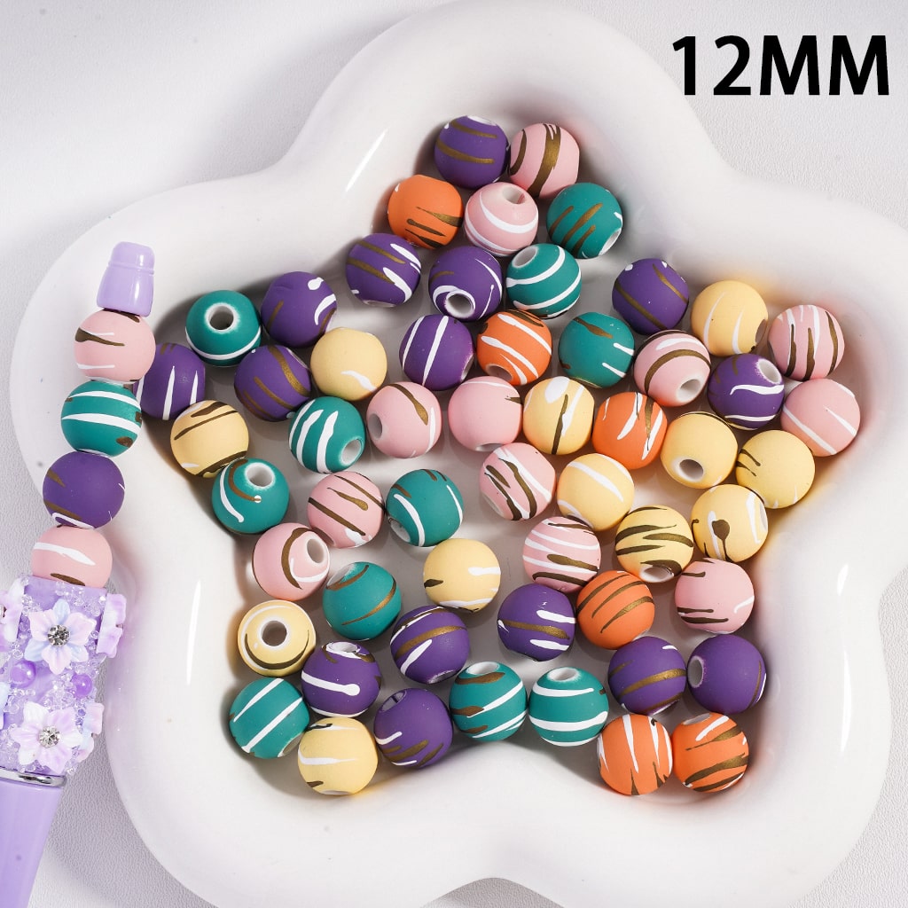 Matte Color Large Hole with White & Gold Stripes Large Shape Acrylic Beads 12MM, Random Mix