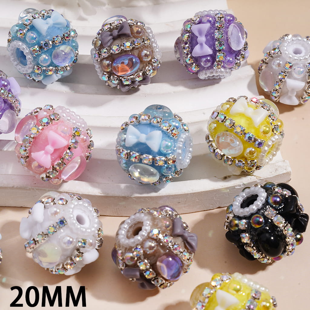 UV-Coated Bowtie & Oval Rhinestones, Half-Shell Pearls, AB & White Pearl Chain Round Handmade Acrylic Beads 20MM Random Mix