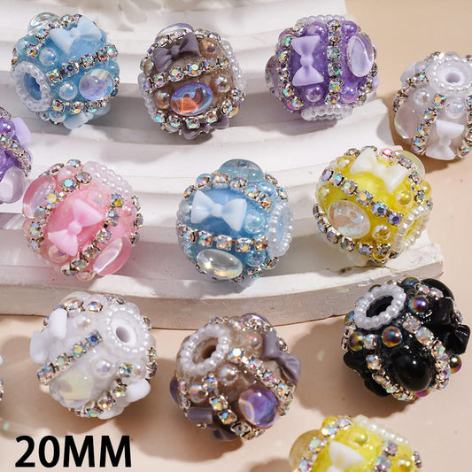 UV-Coated Bowtie & Oval Rhinestones, Half-Shell Pearls, AB & White Pearl Chain Round Handmade Acrylic Beads 20MM Random Mix