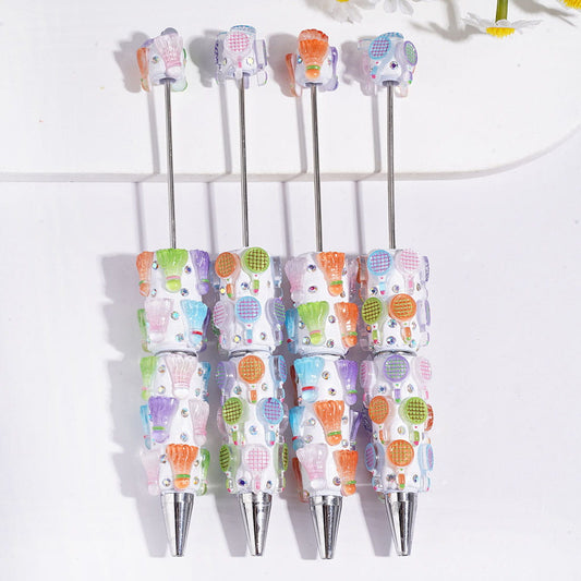 Badminton Racket & Shuttlecock Sports Theme White Color, Beadable Clay Pens with AB Rhinestones