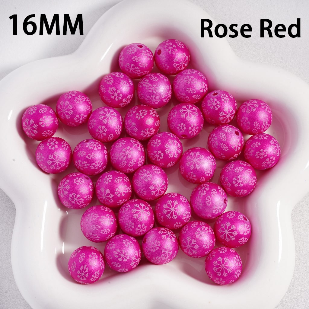Frosted Matte Christmas Snowflakes Print Solid Color Round Shape Acrylic Beads, 16mm Random Mix