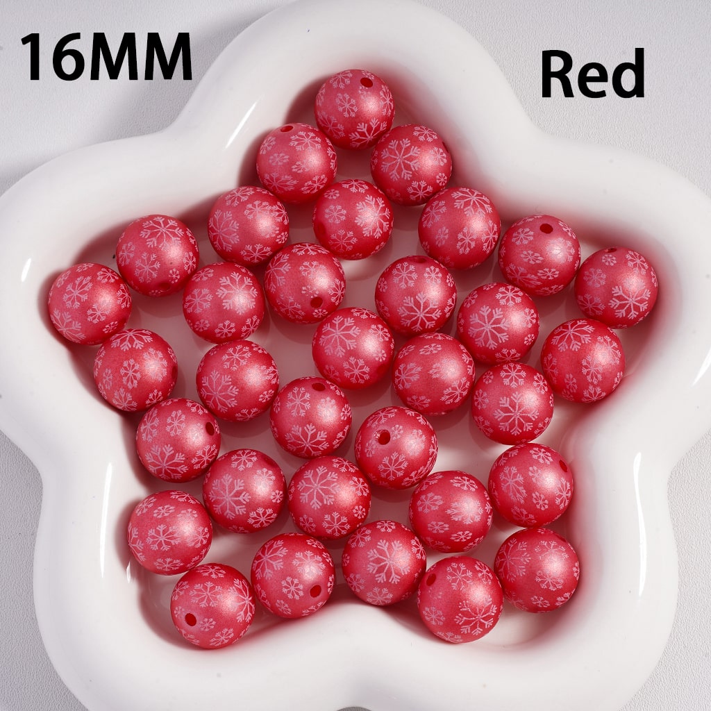 Frosted Matte Christmas Snowflakes Print Solid Color Round Shape Acrylic Beads, 16mm Random Mix
