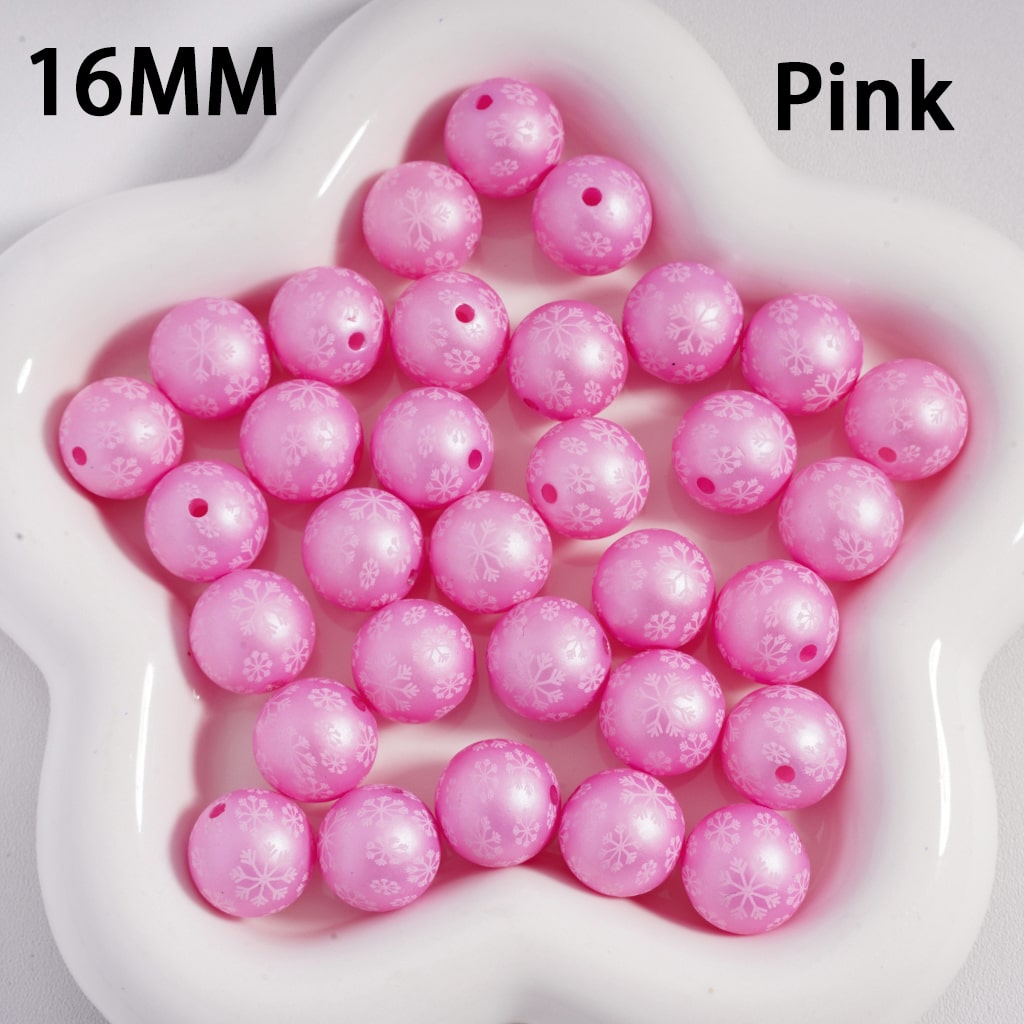 Frosted Matte Christmas Snowflakes Print Solid Color Round Shape Acrylic Beads, 16mm Random Mix