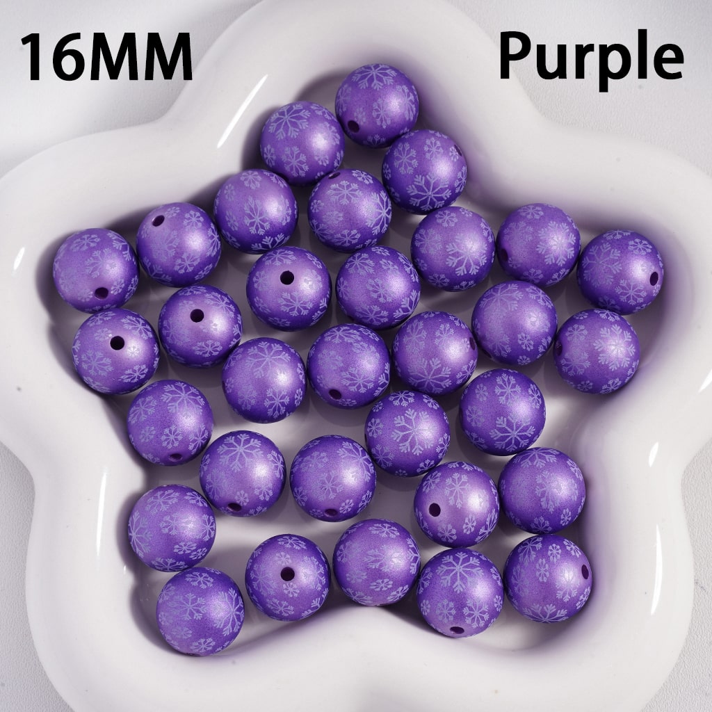 Frosted Matte Christmas Snowflakes Print Solid Color Round Shape Acrylic Beads, 16mm Random Mix