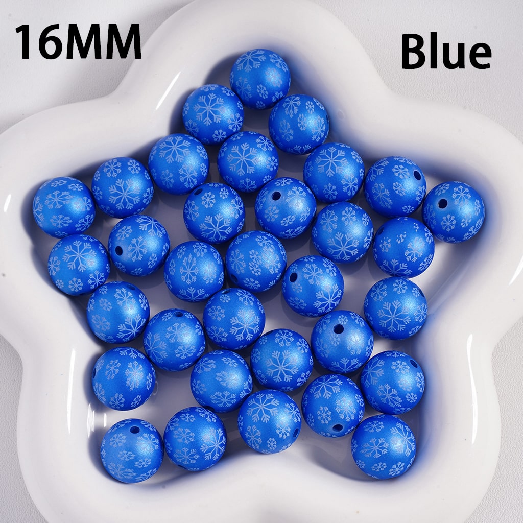 Frosted Matte Christmas Snowflakes Print Solid Color Round Shape Acrylic Beads, 16mm Random Mix