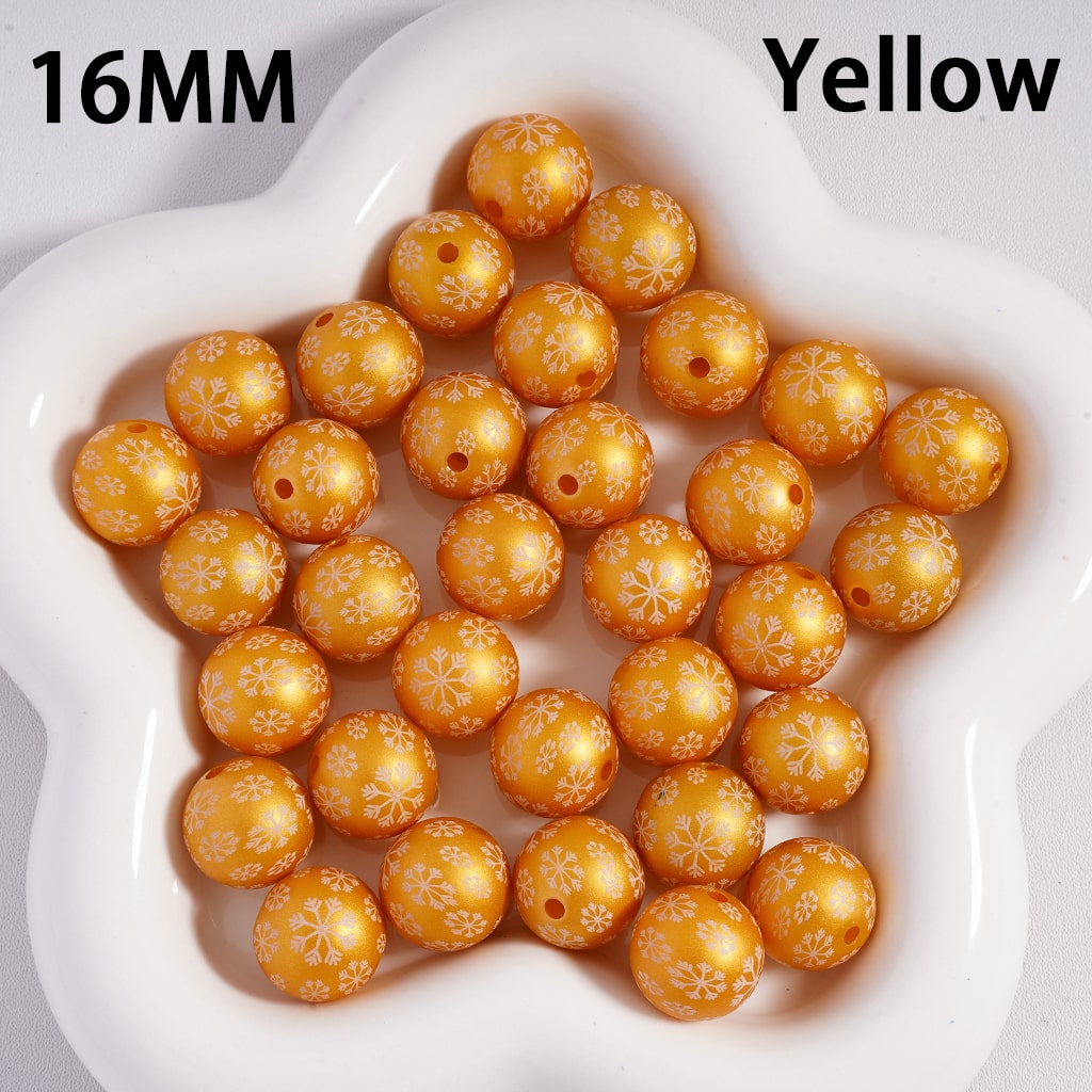 Frosted Matte Christmas Snowflakes Print Solid Color Round Shape Acrylic Beads, 16mm Random Mix