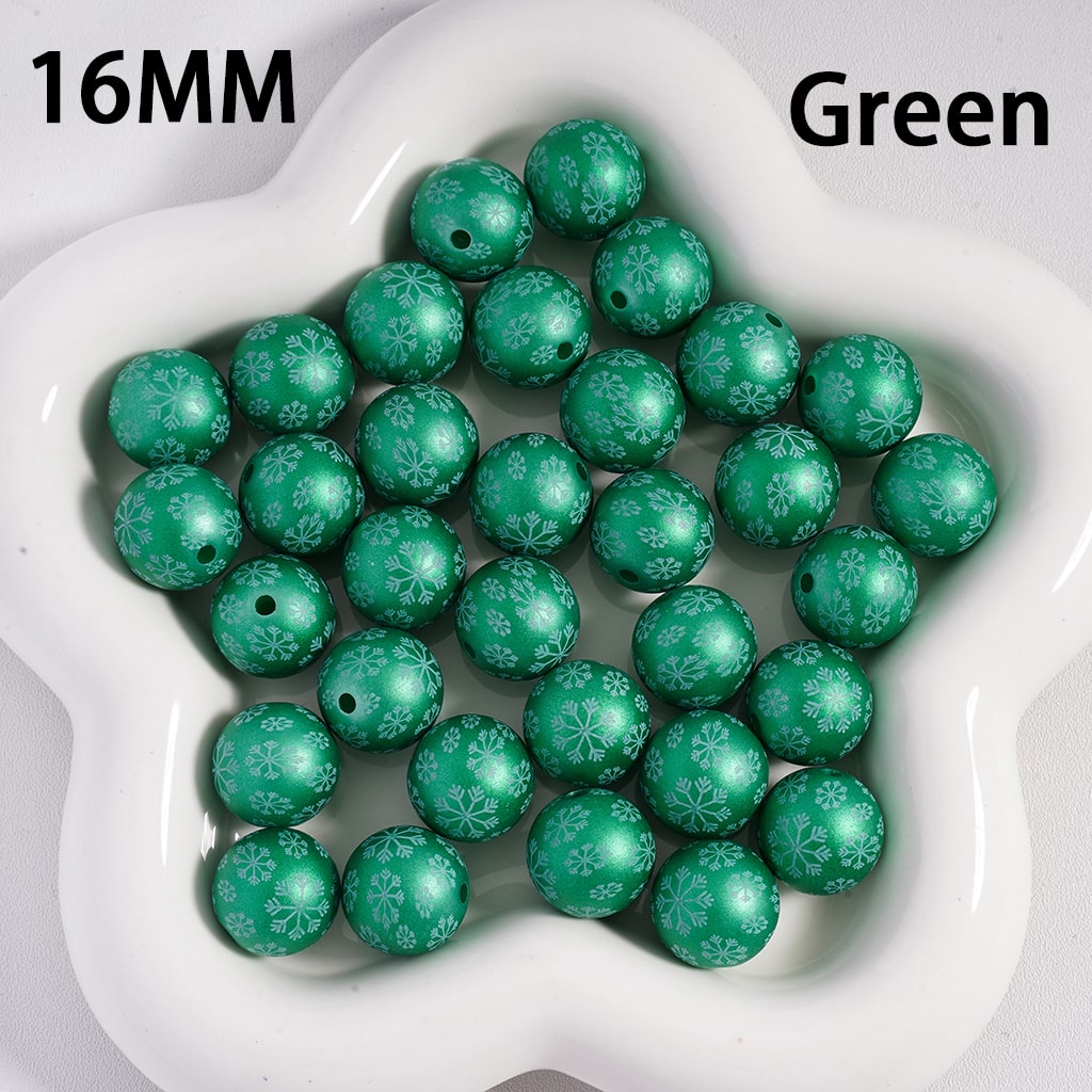 Frosted Matte Christmas Snowflakes Print Solid Color Round Shape Acrylic Beads, 16mm Random Mix