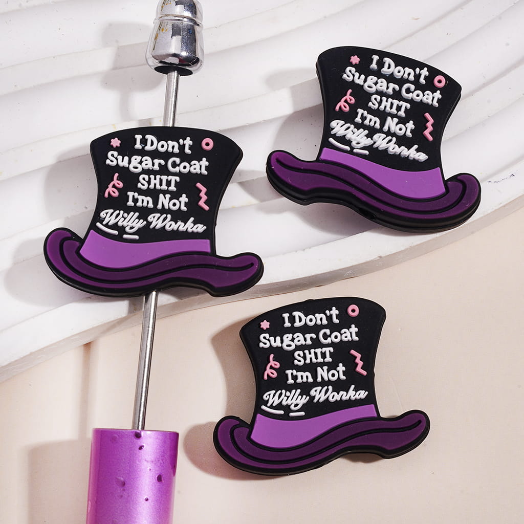 Purple & Black Magic Hat Quote Design with Text "I Don't Sugar Coat ... I'm Not...", Chocolate Factory Theme Silicone Focal Beads