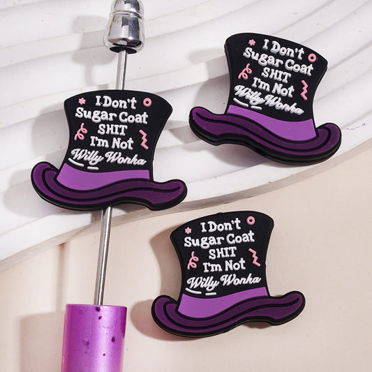 Purple & Black Magic Hat Quote Design with Text "I Don't Sugar Coat ... I'm Not...", Chocolate Factory Theme Silicone Focal Beads