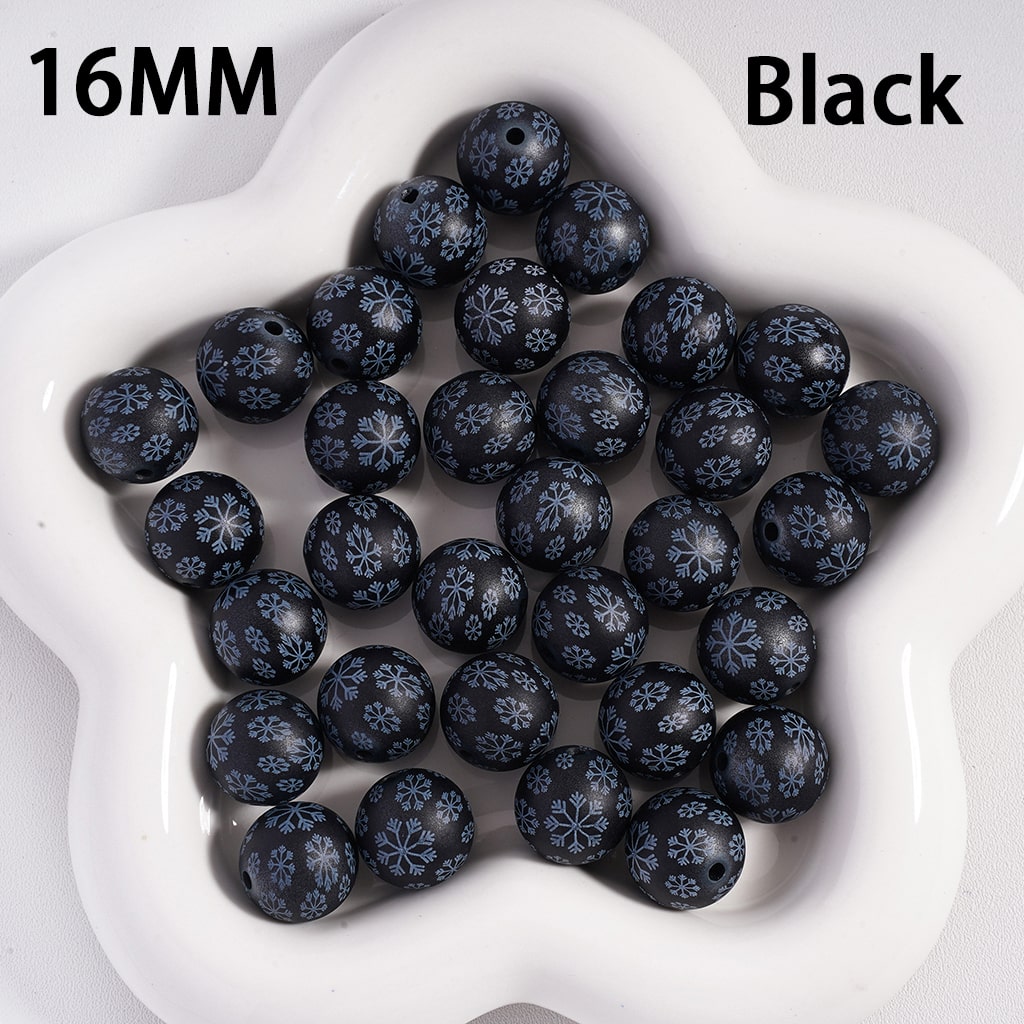 Frosted Matte Christmas Snowflakes Print Solid Color Round Shape Acrylic Beads, 16mm Random Mix