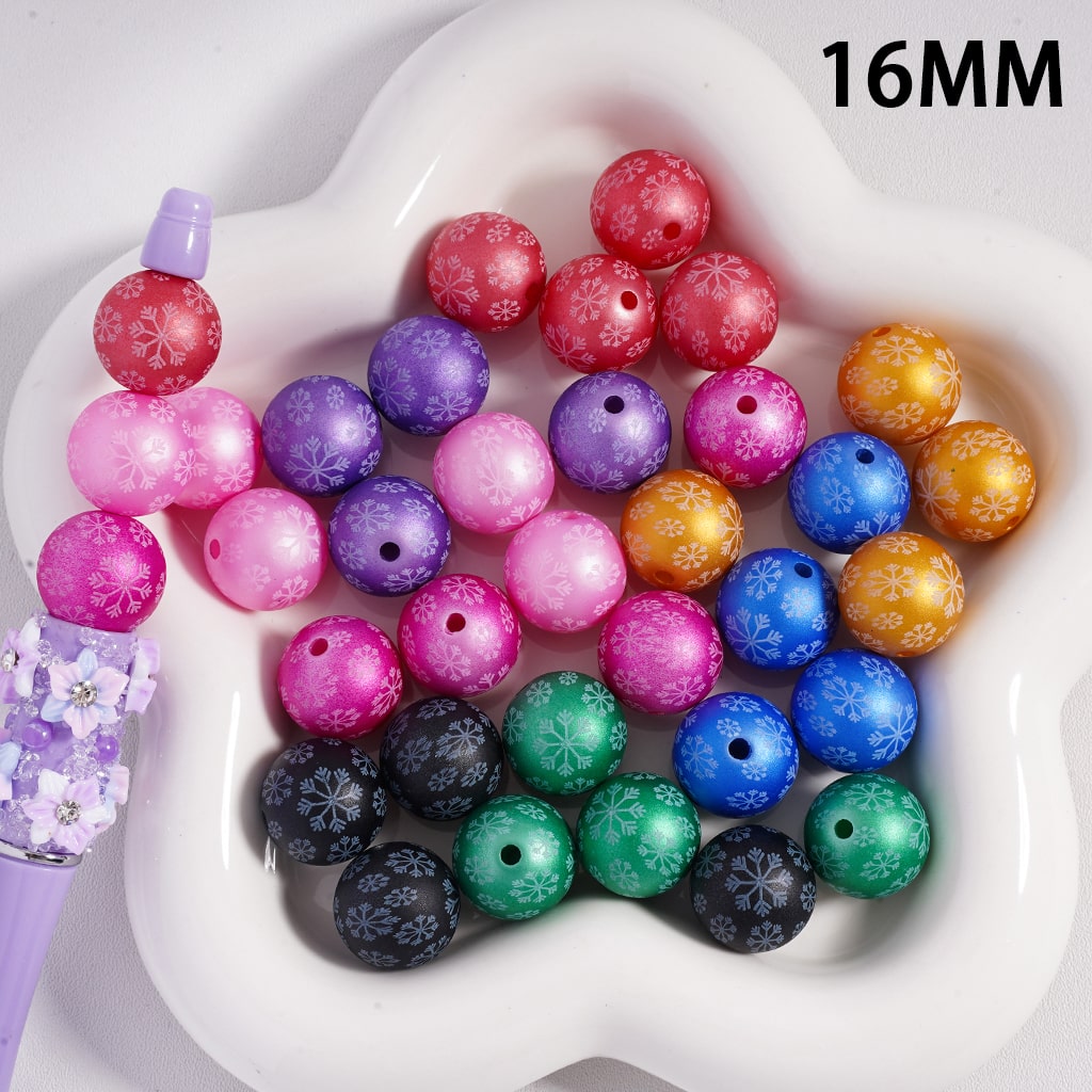 Frosted Matte Christmas Snowflakes Print Solid Color Round Shape Acrylic Beads, 16mm Random Mix