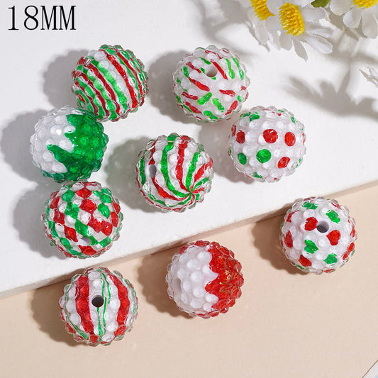 Christmas Red & Green Polka Dots, Swirl Stripes & Heart Firework Background Handmade Acrylic Beads Covered with Clear Rhinestones, 18MM, Random Mix