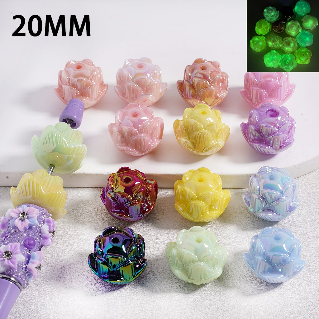 UV Coated Luminous Cute Lotus Flower Design Shiny Acrylic Beads 20MM, Random Mix