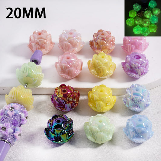 UV Coated Luminous Cute Lotus Flower Design Shiny Acrylic Beads 20MM, Random Mix