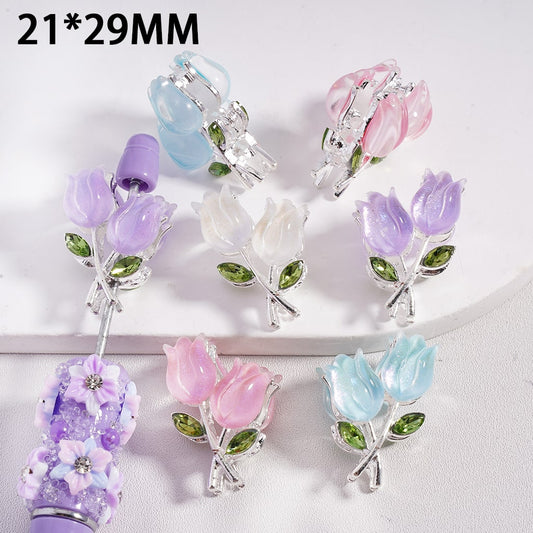 UV-Coated Fancy Silver Alloy Beads Cute Tulip Flower Design 21*29MM