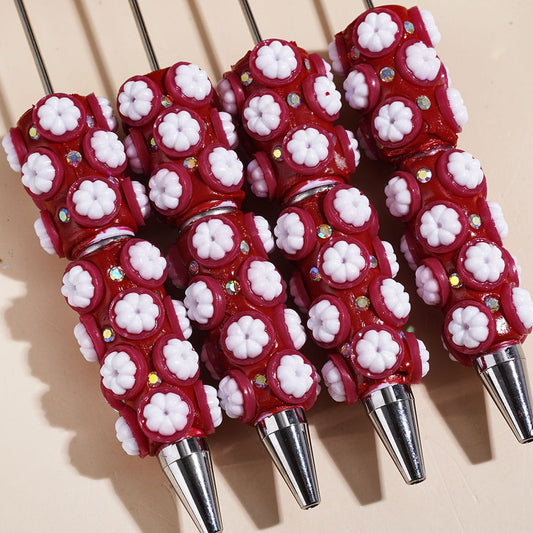 Cute Red Daisy Flower Mangosteen and AB Rhinestone on Red Background Beadable Clay Pens