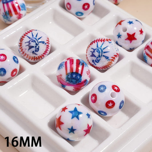 UV Coated USA Independence Day Theme Print on Round Acrylic Beads for Bracelets 16MM Random Mix