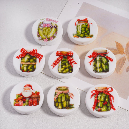 Pickled Cucumber & Father Christmas Santa Claus Flat Round Silicone Focal Beads Random Mix