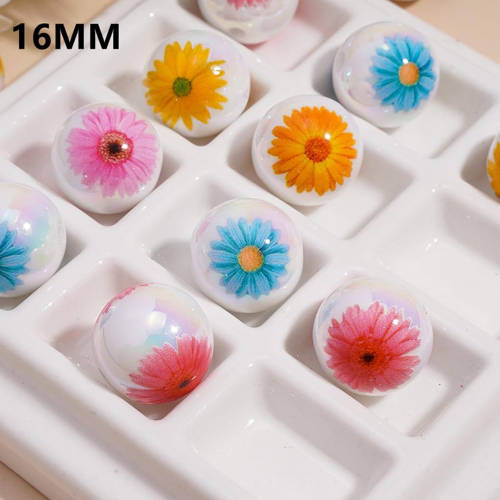 UV Coating Daisy Flower Prints White Round Acrylic Beads for Bracelets 16MM, Random Mix