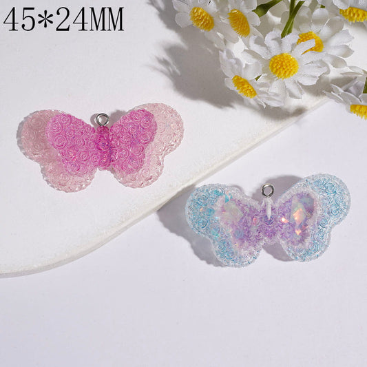 Cute Mini Double Layer Rose Pattern Butterfly with Matte Frosted & Gold Foil Paper, Acrylic Pendants, 45*24MM, Multi-Colors, Random Mix