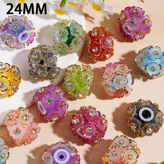 Gold-Edged Five-Petal Flower Handmade Acrylic Beads with Clear Rhinestones & White Pearl Chains 24MM, Assorted Colors, Random Mix
