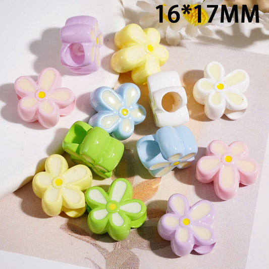 Daisy Irregular Five-Petaled Flower Large Hole Acrylic Beads with Glossy Finish, 16*17MM, Multi-Color Random Mix (The Diameter is Around 6.5MM)