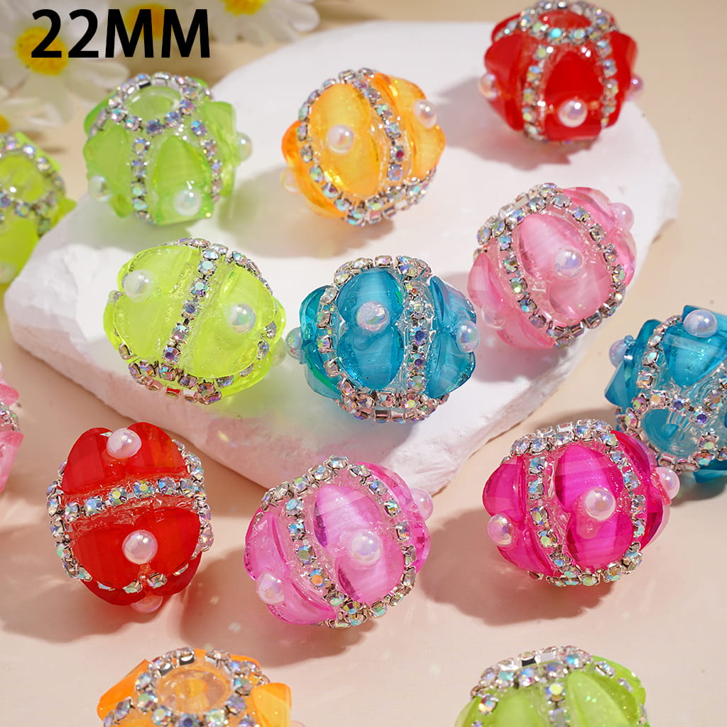 Shiny Heart and Half-Shell Pearls, AB Rhinestone Chains, Neon Color Round Handmade Clear Acrylic Beads 22MM