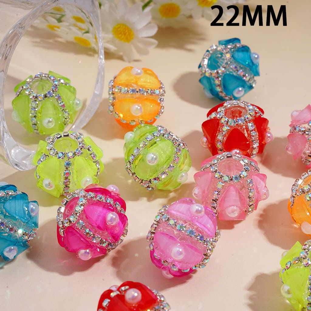 Shiny Heart and Half-Shell Pearls, AB Rhinestone Chains, Neon Color Round Handmade Clear Acrylic Beads 22MM