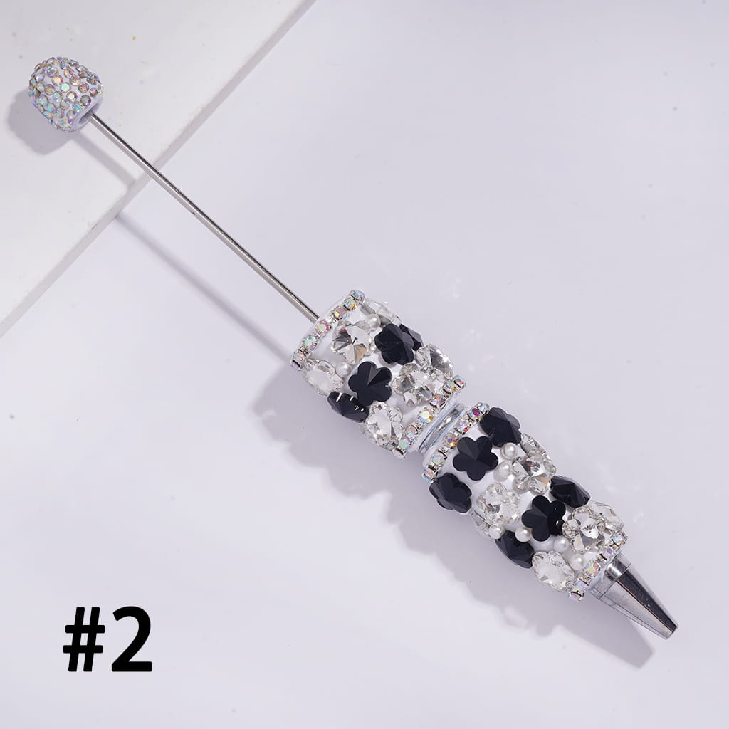 Beadable Clay Pens with Double Colors Flowers and AB Rhinestone Chains White Pearls, AB Rhinestones Covered the Entire Pen Topper