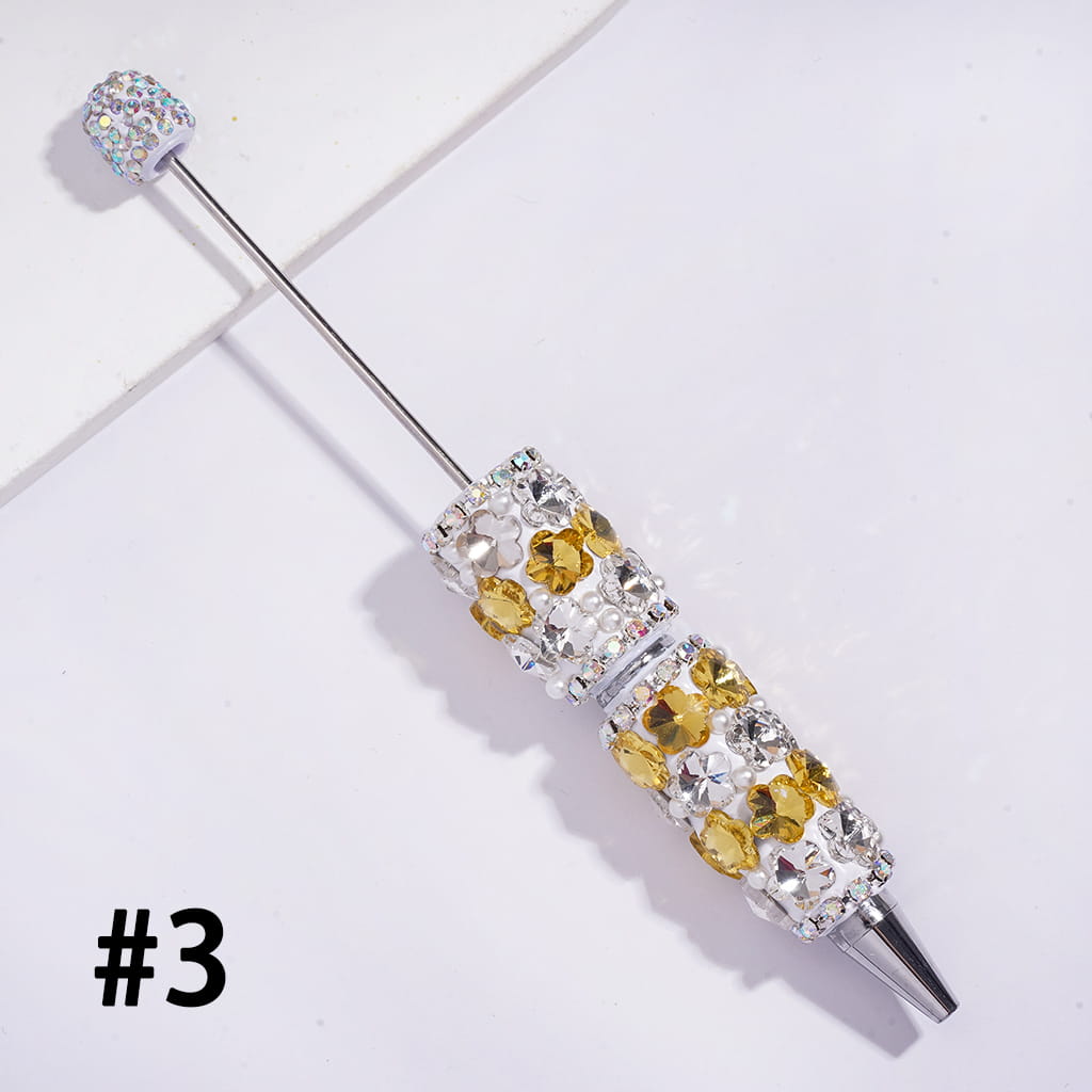 Beadable Clay Pens with Double Colors Flowers and AB Rhinestone Chains White Pearls, AB Rhinestones Covered the Entire Pen Topper