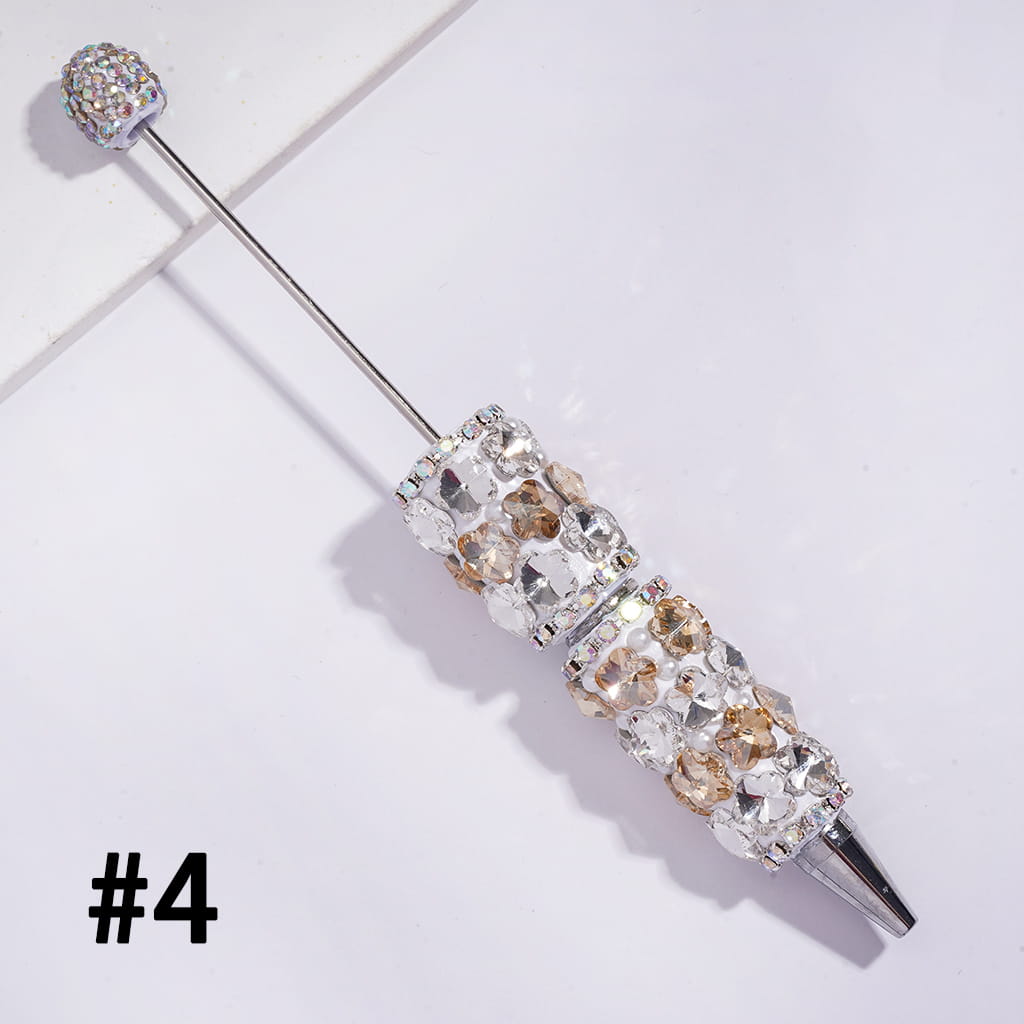 Beadable Clay Pens with Double Colors Flowers and AB Rhinestone Chains White Pearls, AB Rhinestones Covered the Entire Pen Topper