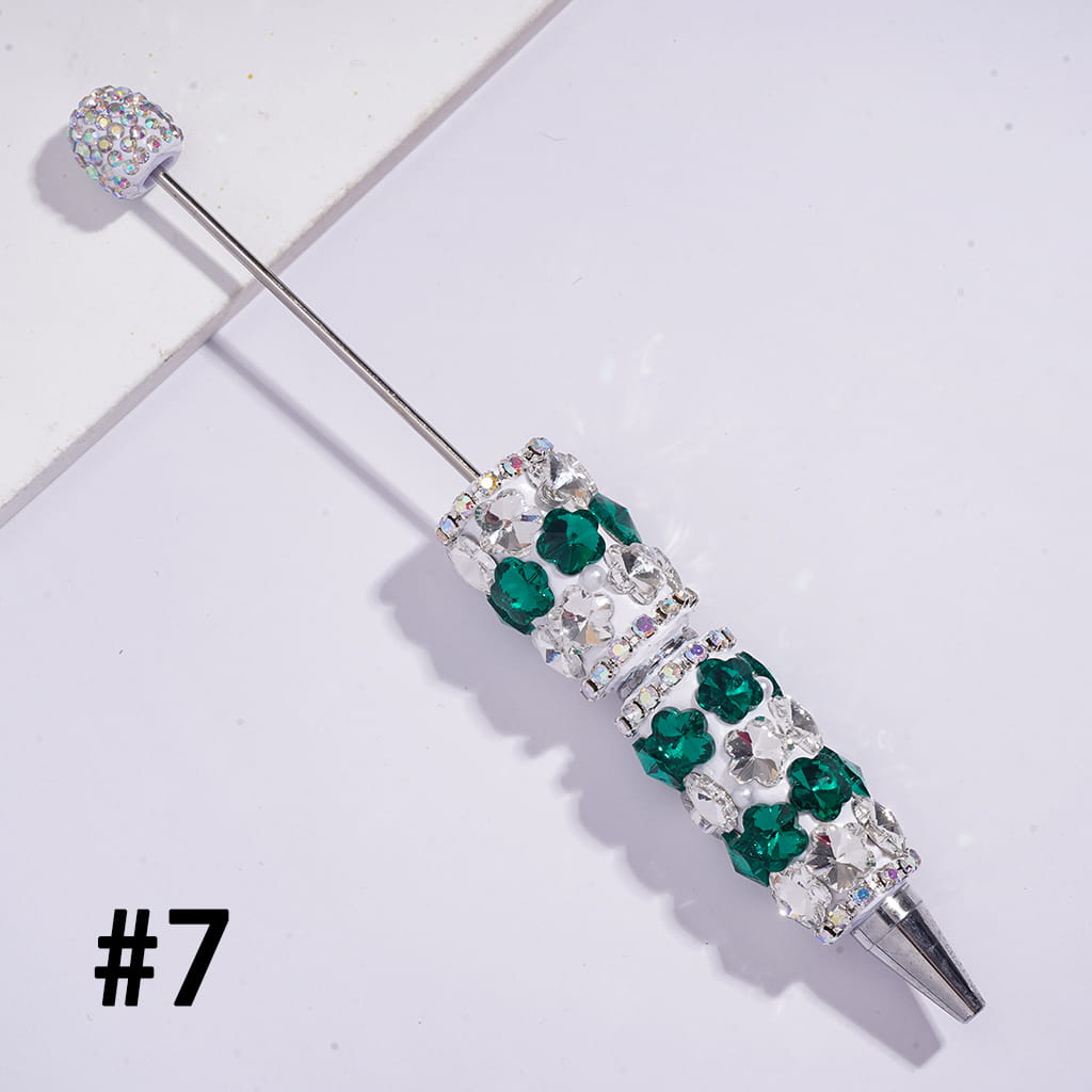 Beadable Clay Pens with Double Colors Flowers and AB Rhinestone Chains White Pearls, AB Rhinestones Covered the Entire Pen Topper