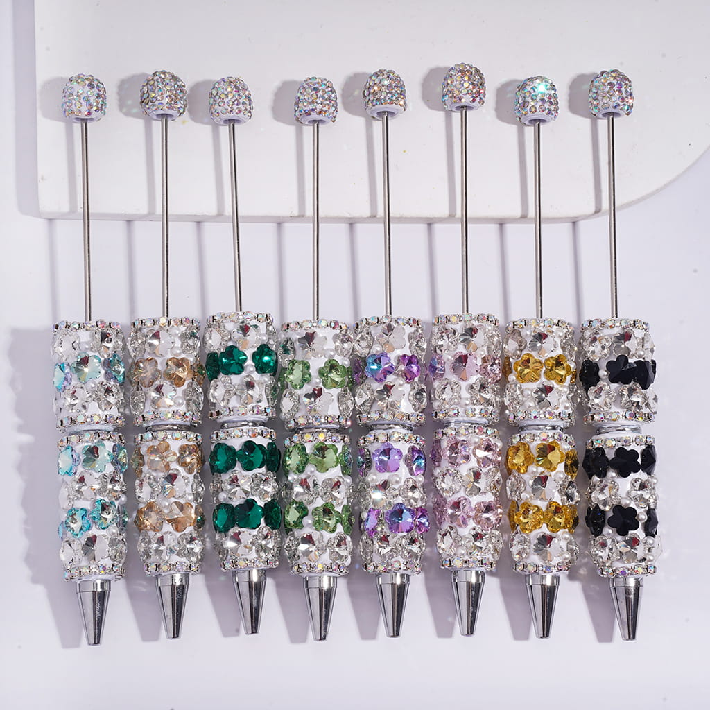 Beadable Clay Pens with Double Colors Flowers and AB Rhinestone Chains White Pearls, AB Rhinestones Covered the Entire Pen Topper