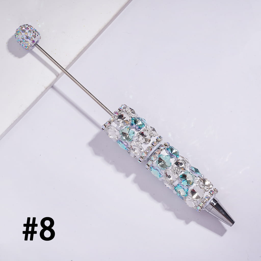 Beadable Clay Pens with Double Colors Flowers and AB Rhinestone Chains White Pearls, AB Rhinestones Covered the Entire Pen Topper