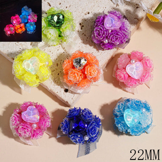 Luminous Gold Glitter Rose Flower Bouquet with Organza Bow, Crystal Heart-Shaped Rhinestone & White Pearl Clay Beads, 22MM, Assorted Colors, Random Mix