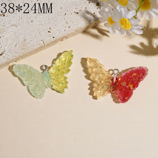 Cute Double Layer Rose Pattern Butterfly with Matte Frosted & Gold Foil Paper on Wings , Acrylic Pendants, 38*24MM, Multi-Colors, Random Mix