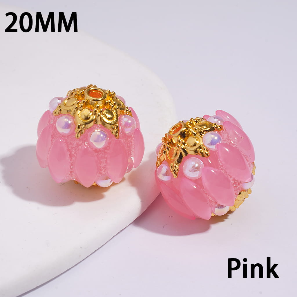 Gold Alloy Six-Pointed Flower, Salix Leaf Rhinestones & Half-Shell Pearls in Candy Colors Handmade Acrylic Beads 20MM