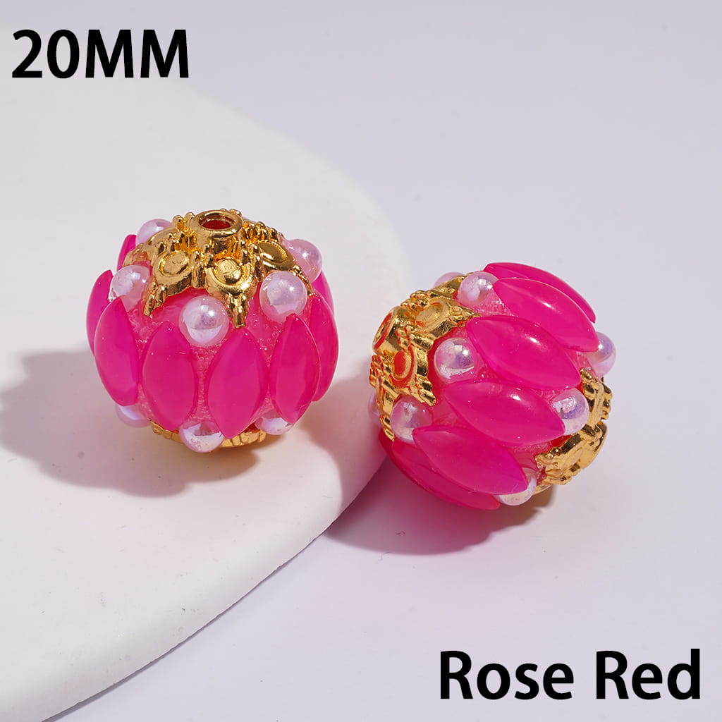 Gold Alloy Six-Pointed Flower, Salix Leaf Rhinestones & Half-Shell Pearls in Candy Colors Handmade Acrylic Beads 20MM
