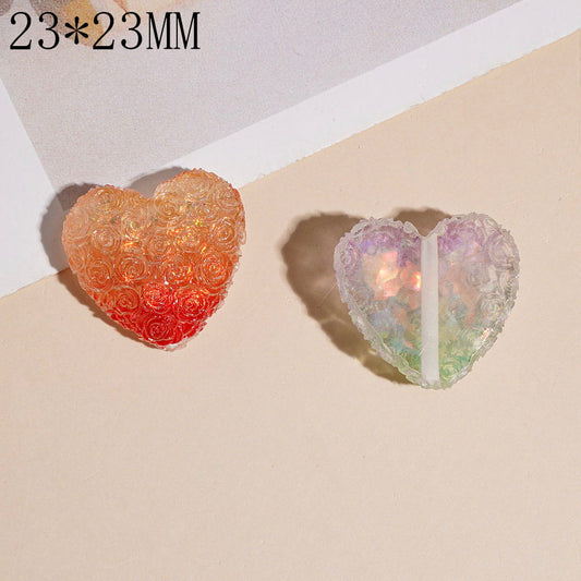Matte Frosted Rose Flowers, Heart Shape Acrylic Beads, Valentine's Day Theme, 23*23MM, Multi-Color, Random Mix