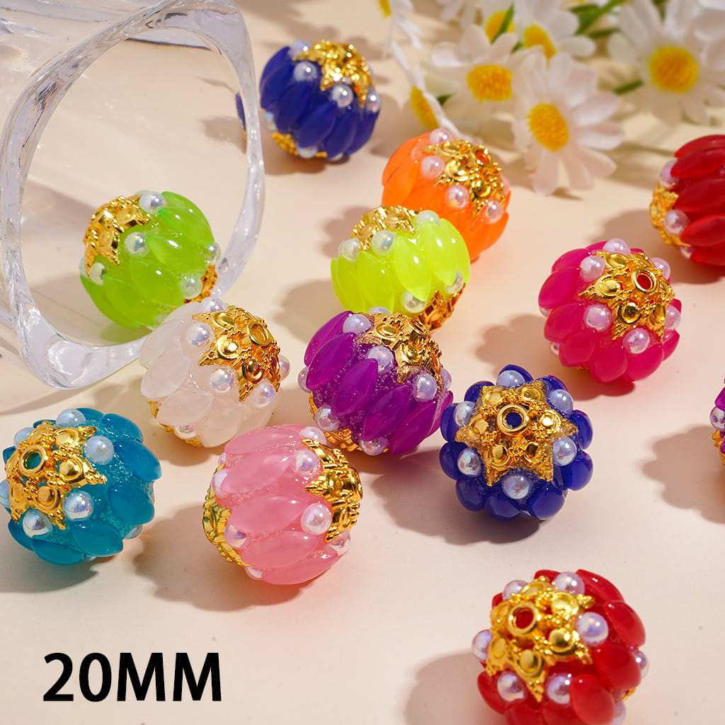 Gold Alloy Six-Pointed Flower, Salix Leaf Rhinestones & Half-Shell Pearls in Candy Colors Handmade Acrylic Beads 20MM