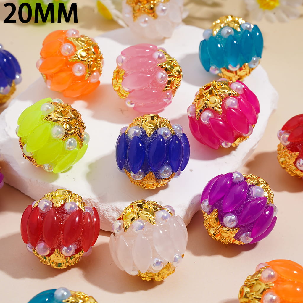 Gold Alloy Six-Pointed Flower, Salix Leaf Rhinestones & Half-Shell Pearls in Candy Colors Handmade Acrylic Beads 20MM