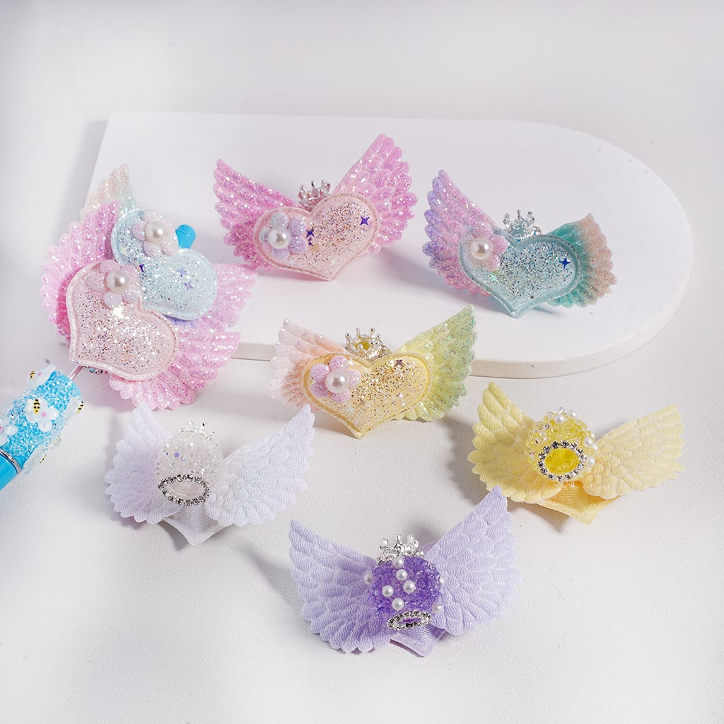 Silver Alloy Crowns White Pearls Clear Rhinestones Fabric Hearts, Wings & Flower Charms, Random Sugar Acrylic Beads