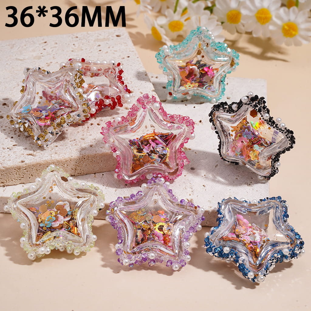 Clear Hollow Star Shaker Acrylic Beads w Shiny Sequin Embedded Inside, w Rhinestones White Pearls Sugar Wrap Tape on Outside, 36*36MM, Random Mix