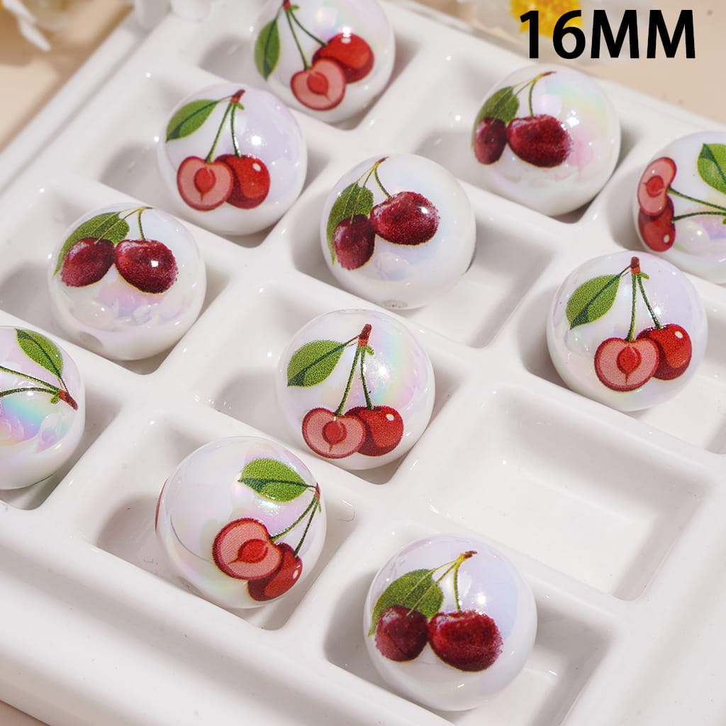 Acrylic Beads for Bracelets UV Coating Cherry Prints, 16MM, Random Mix
