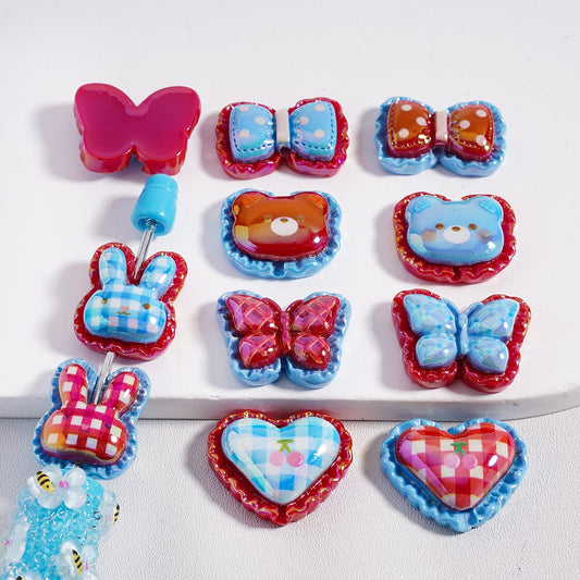 UV-Coated Wavy Side Bear Head Face, Butterfly & Bowknot Shapes in Blue & Red Acrylic Beads Random Mix